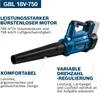 A Bosch GBL 18V-750 solo Akku-Laubbläser with feature callouts. Produktbild-Vorschau