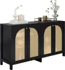 A black sideboard with cane doors and decorative items on top, presented against a white background. Podgląd zdjęcia produktu