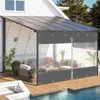 A covered patio area with outdoor furniture and plants, adjacent to a swimming pool. Produktbild-Vorschau