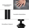 Collage of product features: a hand pressing into a cushion, a metal leg, and an adjustable footpad. Produktbild-Vorschau