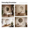 Collage of four lifestyle images showing a round LED mirror in different bathroom and dressing room settings. Náhled obrázku produktu