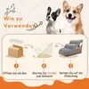 Instructions on how to use a dog stair product, showing three steps: opening the box, allowing the product to rebound, and placing it on a cover. Produktbild-Vorschau