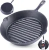 A collage of images showing a cast iron grill pan from different angles, including a close-up of the grill surface and a smaller inset image of the pan's underside. A small inset image also shows the pan with a piece of steak on it, likely for marketing pu Náhled obrázku produktu