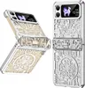 A silver flip phone case with a circuit board design and a small screen displaying a dragon and time. Produktbild-Vorschau
