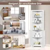 A collage showing a white corner cabinet in different room settings: bathroom, living room, and kitchen. Produktbild-Vorschau