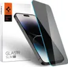 A Spigen Glas.Tr Slim HD privacy screen protector is shown next to its packaging, with a smartphone partially visible. Produktbild-Vorschau