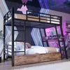 A bunk bed with a desk integrated into the lower section, set in a room with neon lighting and a galaxy-themed ceiling. Voir les images du produit