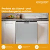 A dishwasher is shown installed in a kitchen setting, with text overlays highlighting its features. Produktbild-Vorschau