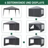 A collage of images showing different configurations of a gray gazebo with side panels. Produktbild-Vorschau