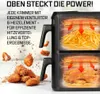 A close-up marketing image of a dual-chamber air fryer, showing food being cooked in each chamber. Text highlights product features. Anteprima dell’immagine prodotto