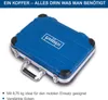 A blue tool case with the brand logo on it, placed on a white background. Text describing features is present below the case. Produktbild-Vorschau