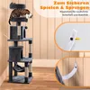 A cat tree is shown in a room with wooden walls. There are close-up insets showing how to secure the cat tree to the wall. Produktbild-Vorschau