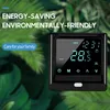 A digital thermostat is shown against a blurred green leafy background. Text overlays highlight energy saving and family care. Náhled obrázku produktu