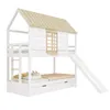A white and natural wood bunk bed with a slide, designed in a house shape, against a white background. Anteprima dell’immagine prodotto