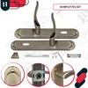 A set of door handles with a patina finish, presented with various accessories and close-up views of the mechanism. Anteprima dell’immagine prodotto