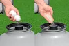 A split image showing two hands adding different materials to the top of a gray filter tank. Produktbild-Vorschau