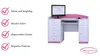 A white desk with pink accents, a computer monitor, and keyboard, with a list of features on the left side. Produktbild-Vorschau