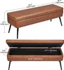 Two views of a brown faux leather storage bench with black metal legs. The top view shows the bench closed with dimensions indicated. The bottom view shows the bench open, revealing the storage compartment, with dimensions indicated. Náhľad obrázku produktu