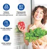 A smiling woman holding a bag of fresh vegetables in front of an open refrigerator. The image also features icons and text highlighting product features. Náhľad obrázku produktu