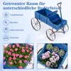 A blue wooden wagon planter filled with pink and purple flowers, with icons and text describing its uses. Produktbild-Vorschau