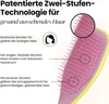 Close-up of a pink and yellow hairbrush with text explaining its features. Náhled obrázku produktu