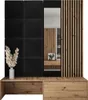 A modern entryway furniture set with black wall panels, a mirror, wooden slats, and wooden drawers. Náhľad obrázku produktu