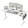 A modern standing desk setup with dual monitors, a laptop, keyboard, mouse, and organizational accessories. Produktbild-Vorschau