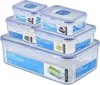 A set of clear plastic food containers with blue lids, stacked on a white background. Produktbild-Vorschau