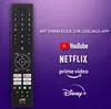 A remote control is shown next to logos of popular streaming services, with German text indicating easy access to favorite apps. Produktbild-Vorschau