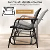 A side view of a black rocking chair with wooden armrests, shown in multiple overlapping positions to demonstrate its gliding motion. Text overlays highlight features. Produktbild-Vorschau