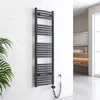 A dark gray electric towel radiator mounted on a white marble wall in a modern bathroom. Podgląd zdjęcia produktu