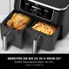 A close-up shot of a dual-basket air fryer with a whole chicken in one basket and french fries in the other. Text overlays describe its capacity and features. Produktbild-Vorschau
