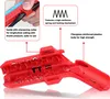 A red wire stripper tool with labels pointing out its features. Voir les images du produit