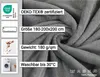 A close-up of a gray plush blanket with text overlays providing product information. Produktbild-Vorschau