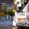 A coffee machine is brewing coffee into a clear glass cup, with text overlays and icons on the left side of the image. Náhled obrázku produktu