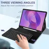 A tablet with a keyboard case is shown, with a hand typing on the keyboard. The tablet screen displays the time and a colorful background. Text overlays indicate viewing angles. Produktbild-Vorschau