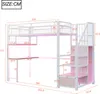 Diagram showing dimensions of a loft bed with a desk and stairs. Podgląd zdjęcia produktu