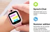 A child's hand wearing a pink smartwatch, with marketing text and icons on the right. Produktbild-Vorschau