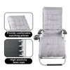 A collage showcasing a grey recliner chair with close-ups of its features, including the pillow and elastic rope support. Produktbild-Vorschau
