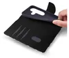 A hand is shown inserting a phone into a black flip case with a floral pattern on the inside. Produktbild-Vorschau