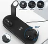 A black multi-device charging station is shown on a white surface, with close-up insets highlighting charging ports and a 360-degree rotation graphic. Podgląd zdjęcia produktu