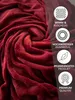 A close-up of a red plush blanket with marketing icons and text on the right side. Produktbild-Vorschau