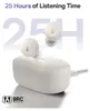 A pair of white wireless earbuds and their charging case are shown against a white background, with large text indicating listening time. Anteprima dell’immagine prodotto