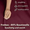 A hand is shown on a burgundy fabric, with icons and text describing product features. Produktbild-Vorschau
