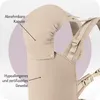 A close-up view of a beige baby carrier, highlighting its features with text overlays. Náhled obrázku produktu