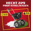A product image for a HECHT 229 spreader, showing the spreader with a pile of white material (likely fertilizer or seed) next to it, on a red background with yellow borders. Produktbild-Vorschau