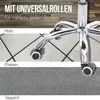 A chair base with wheels is shown on different floor surfaces: wood, tile, and carpet. Text indicates the wheels are universal and suitable for almost any floor. Podgląd zdjęcia produktu