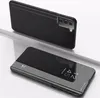 A black phone case with a clear view flip cover is shown from two angles. Produktbild-Vorschau