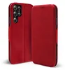 A red leather flip case for a smartphone is shown against a white background. The case is open, revealing the phone inside and the camera module. Produktbild-Vorschau