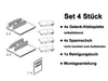 An image showing the contents of a set for mounting plissees without drilling, including adhesive plates, clamping shoes, a cleaning cloth, and assembly instructions. Produktbild-Vorschau